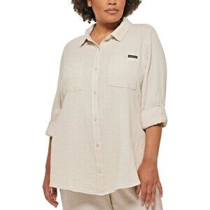 Calvin Klein Jeans women's Plus Size button Up shirt  Cotton Shirt beige 1X